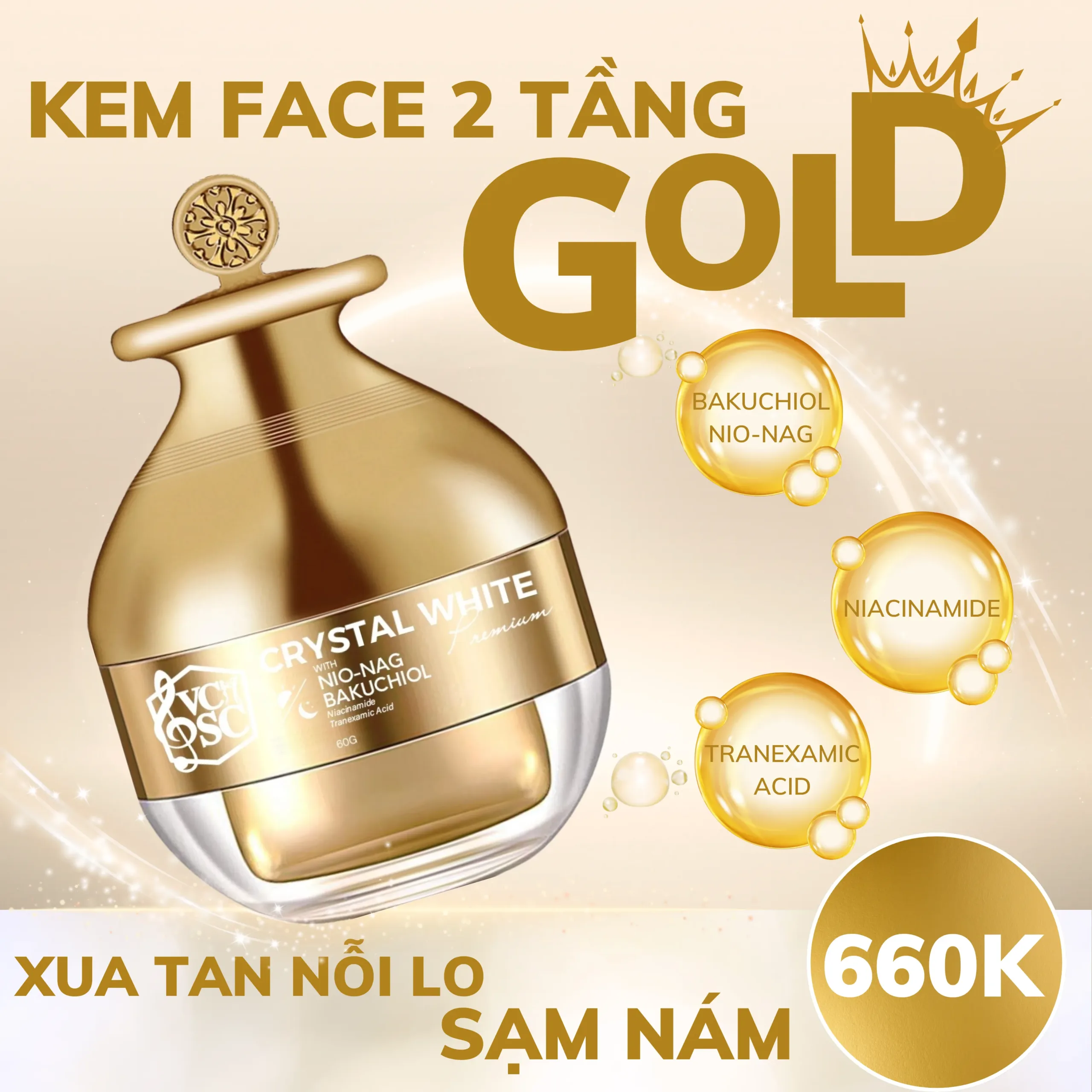 Công dụng làm mờ nám tàn nhang và dưỡng da căng mịn của kem Gold 2 tầng