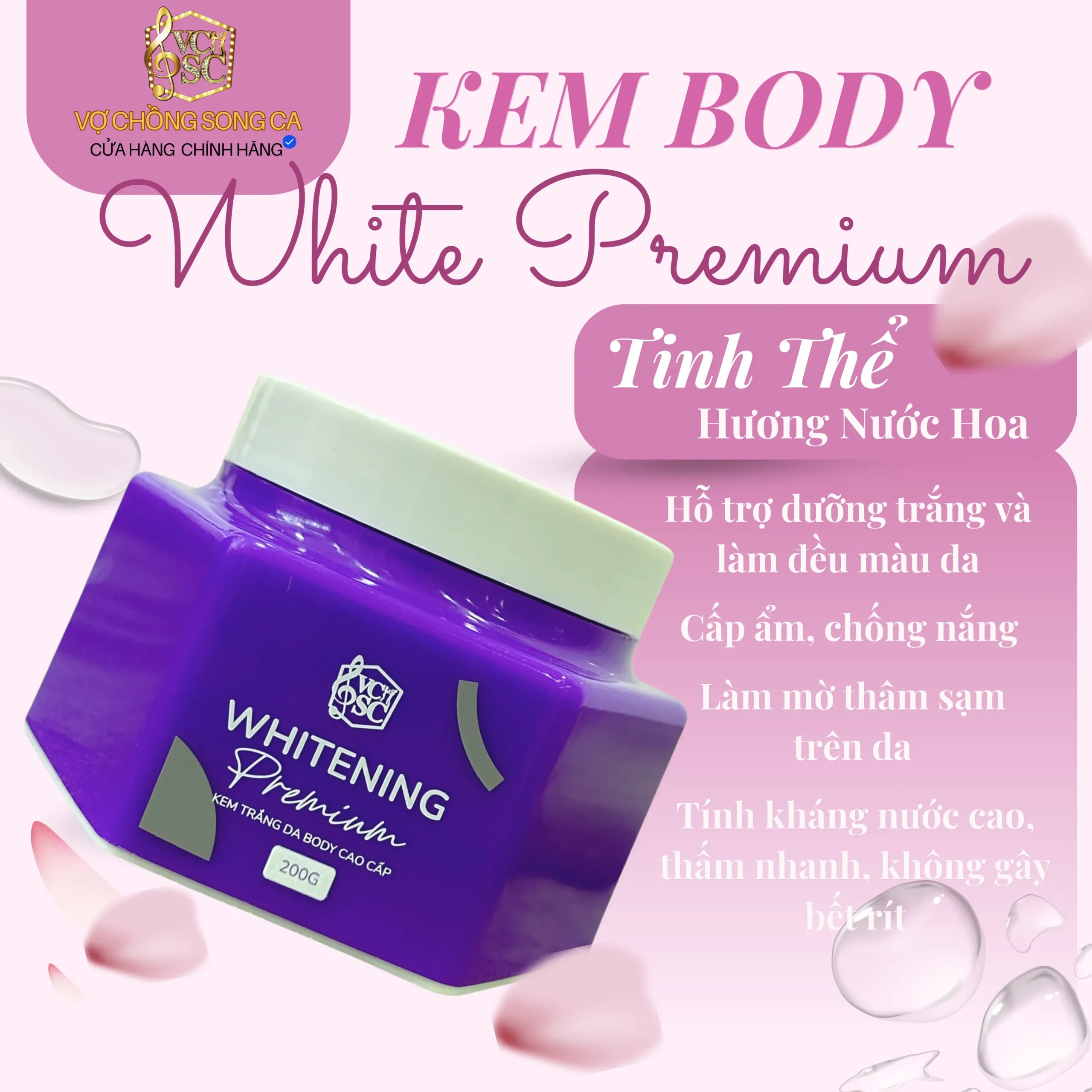 Kem Body Whitening Premium Mỹ Phẩm Vợ Chồng Song Ca dưỡng trắng da kháng nước