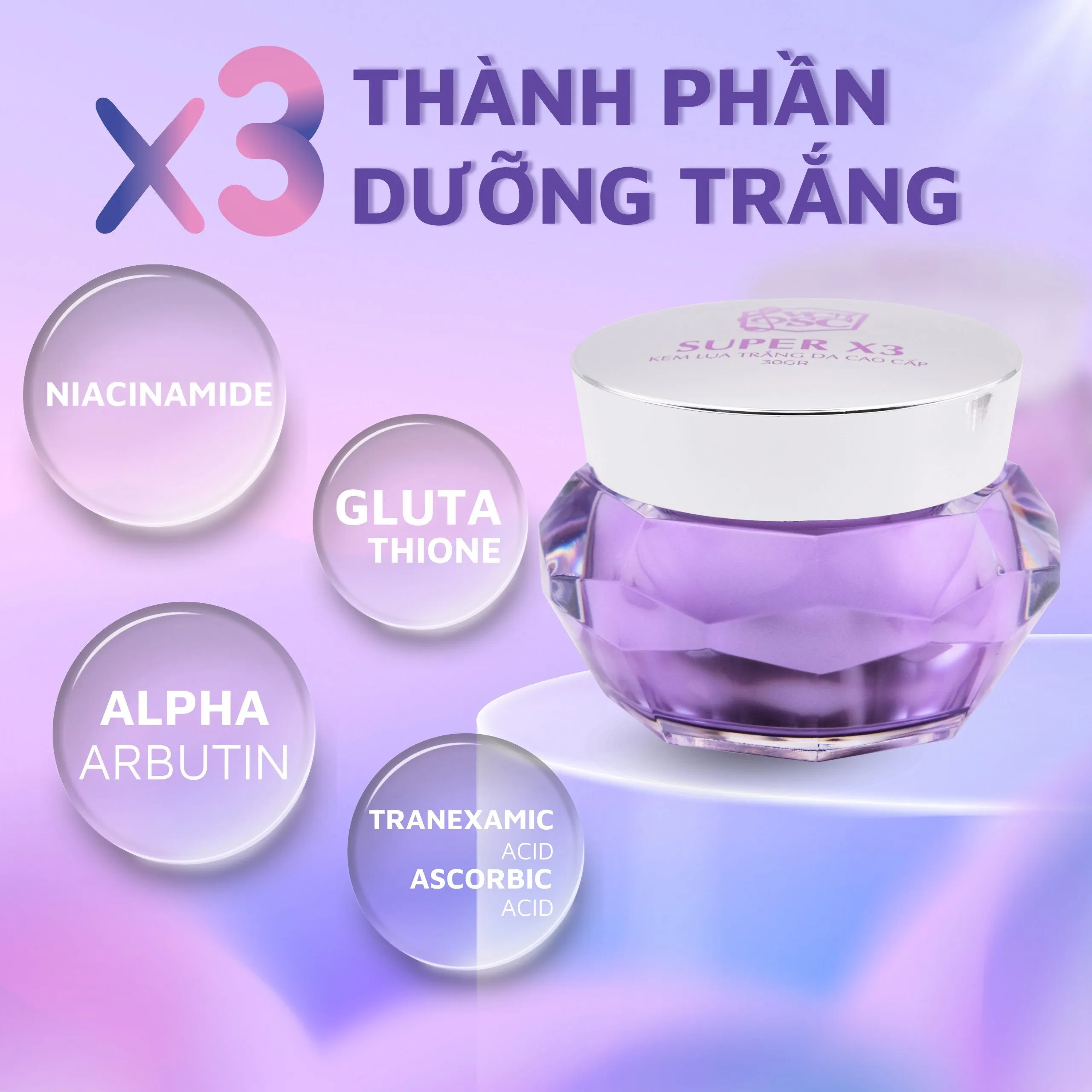 Thành phần Niacinamide Glutathione và Arbutin trong kem face lụa Super X3 giúp t