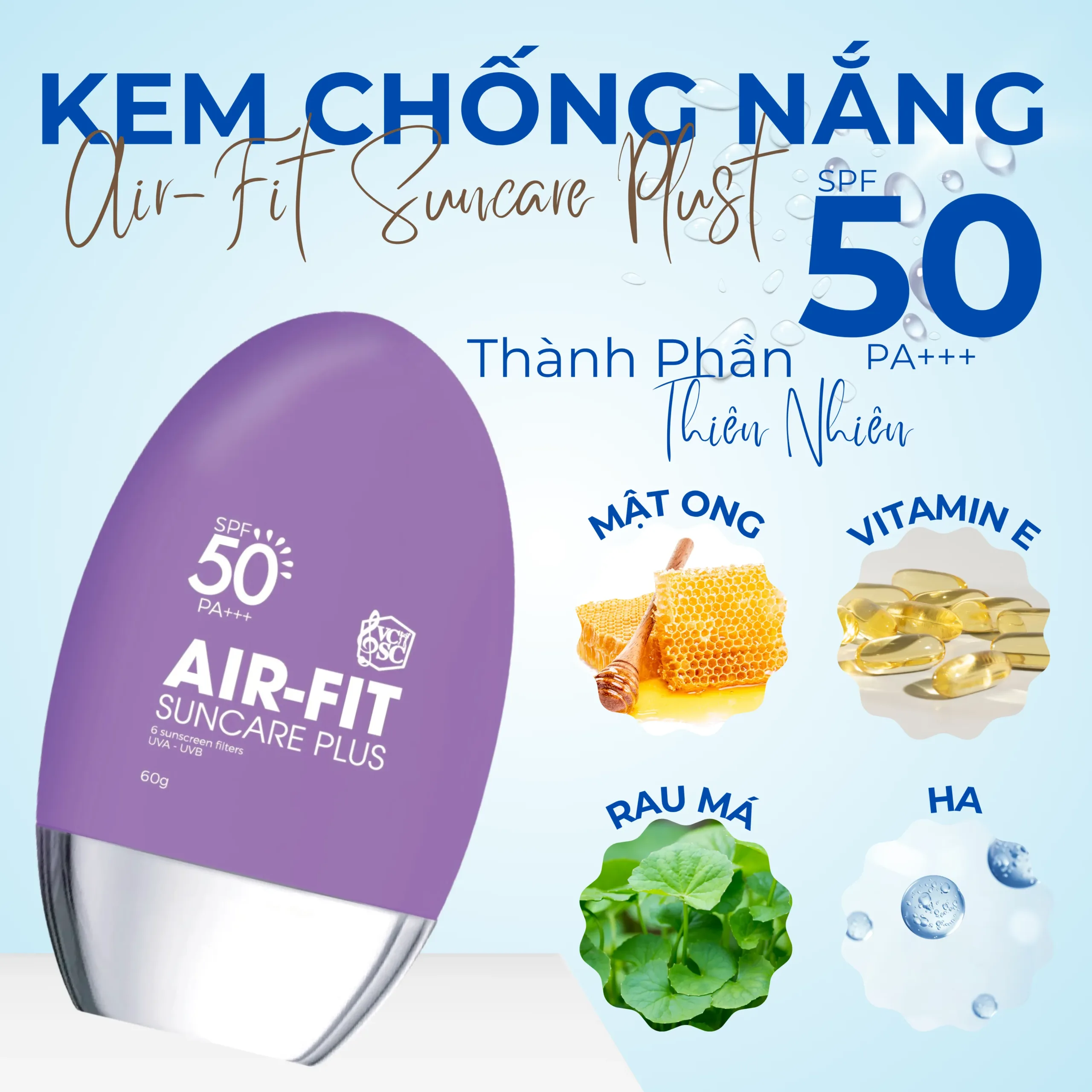 Thành phần mật ong, rau má và vitamin E trong kem chống nắng Air-Fit.